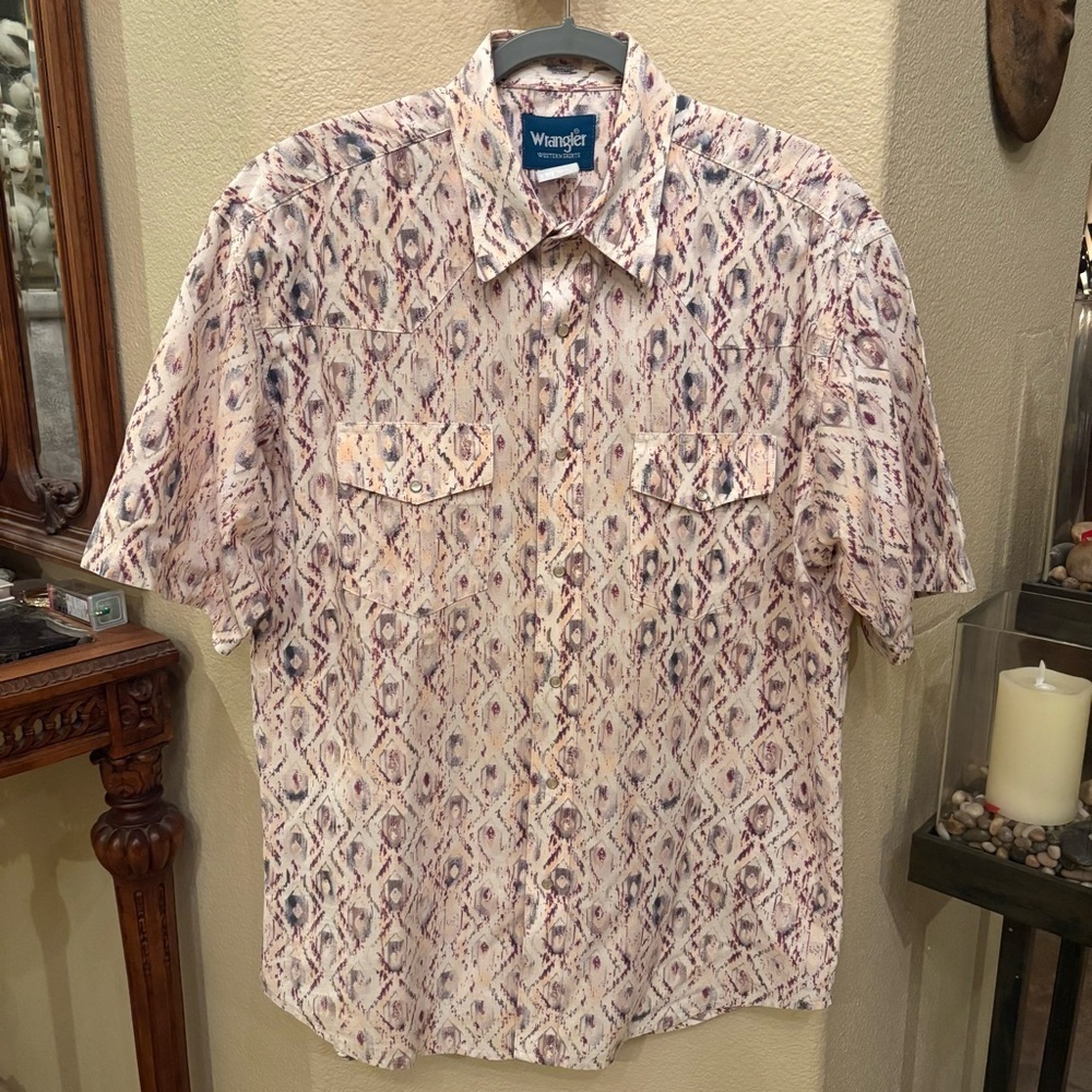 Vtg WRANGLER Men Multicolor White Pearl Snap Button Western Cowboy Top Size L/XL